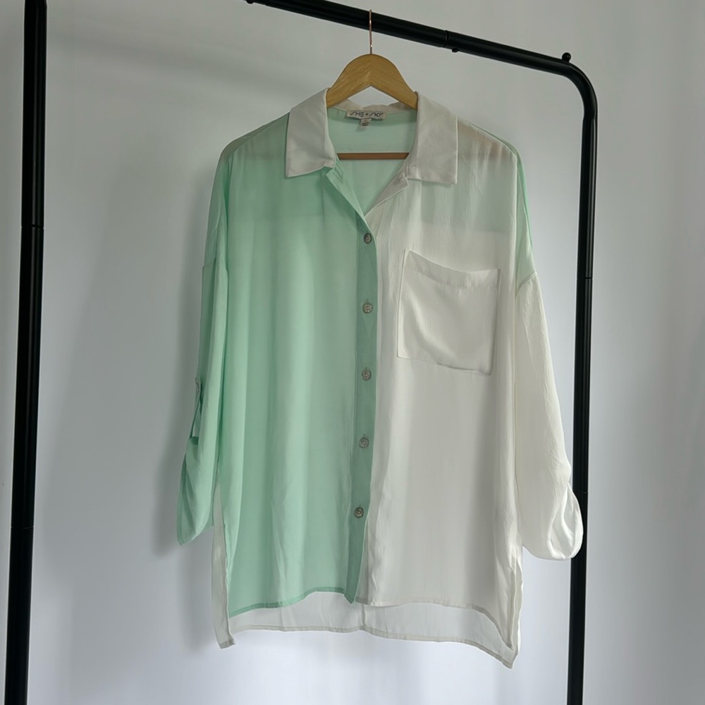 White & Mint Green Sheer Button Down Shirt | Channeling Emily in Paris
